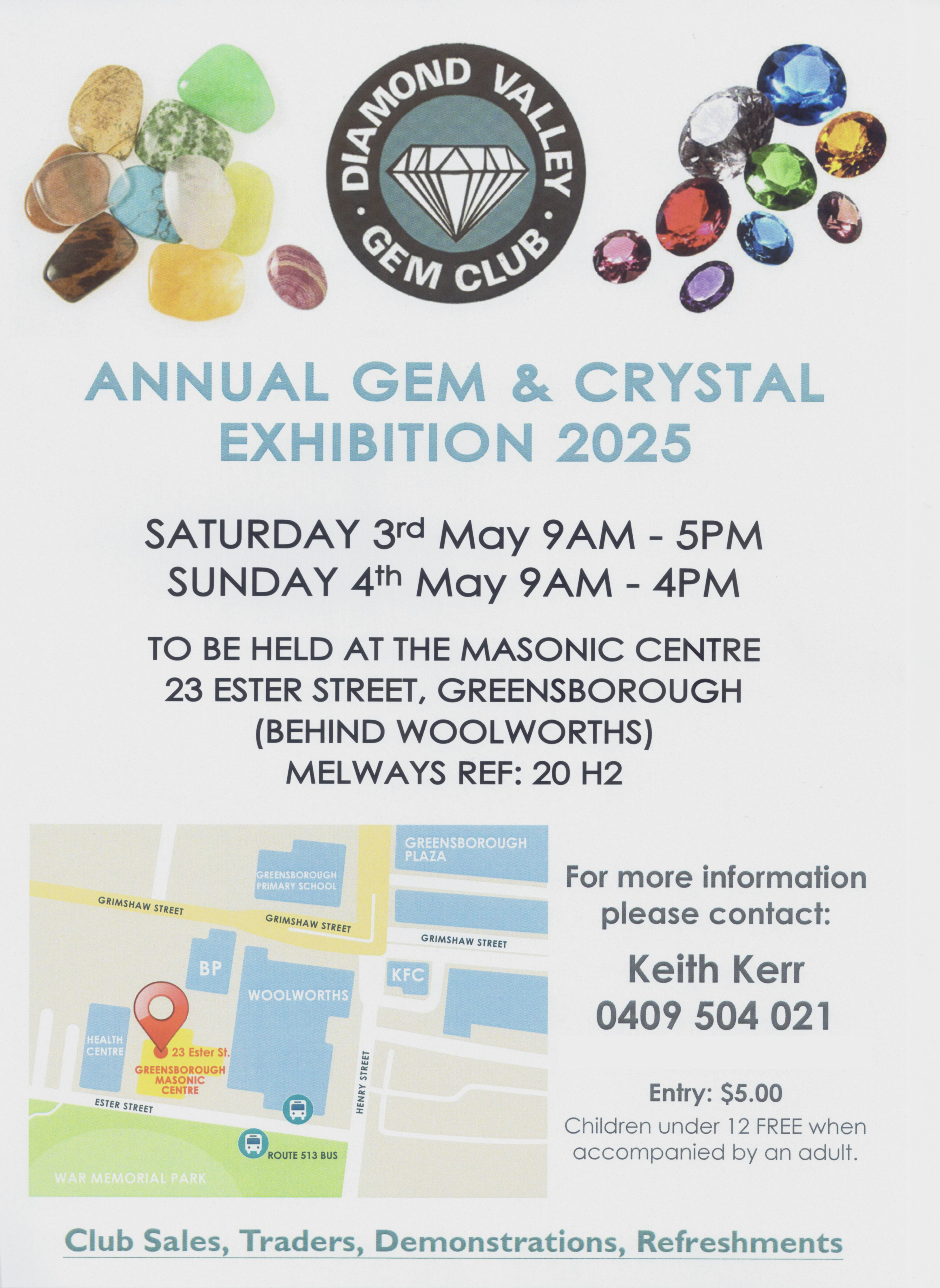 Flyer for Diamond Valley Gem Club Annual Gem Show. Picture of gemstones and facetted gems of various colours. Dates and times of this years show and map showing location.
